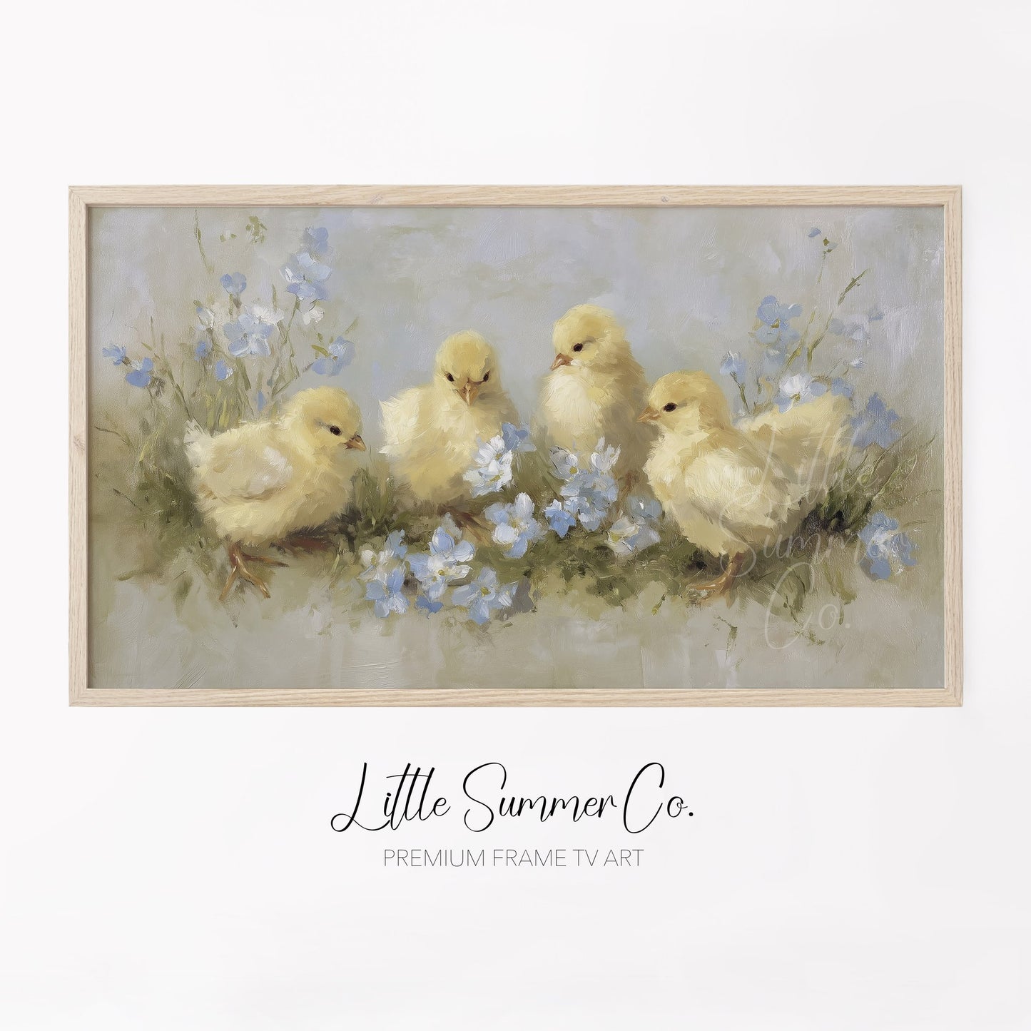 Baby Chicks Flowers Frame TV Art displayed on a TV