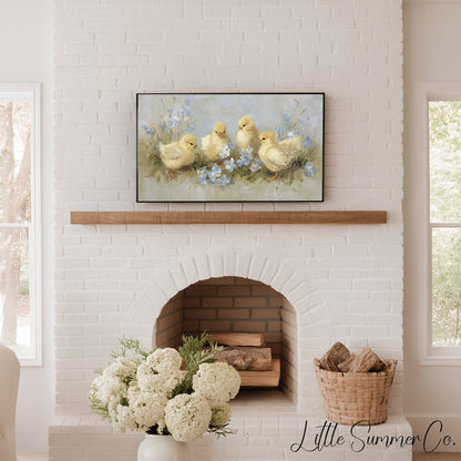 Baby Chicks Flowers Frame TV Art displayed on a TV