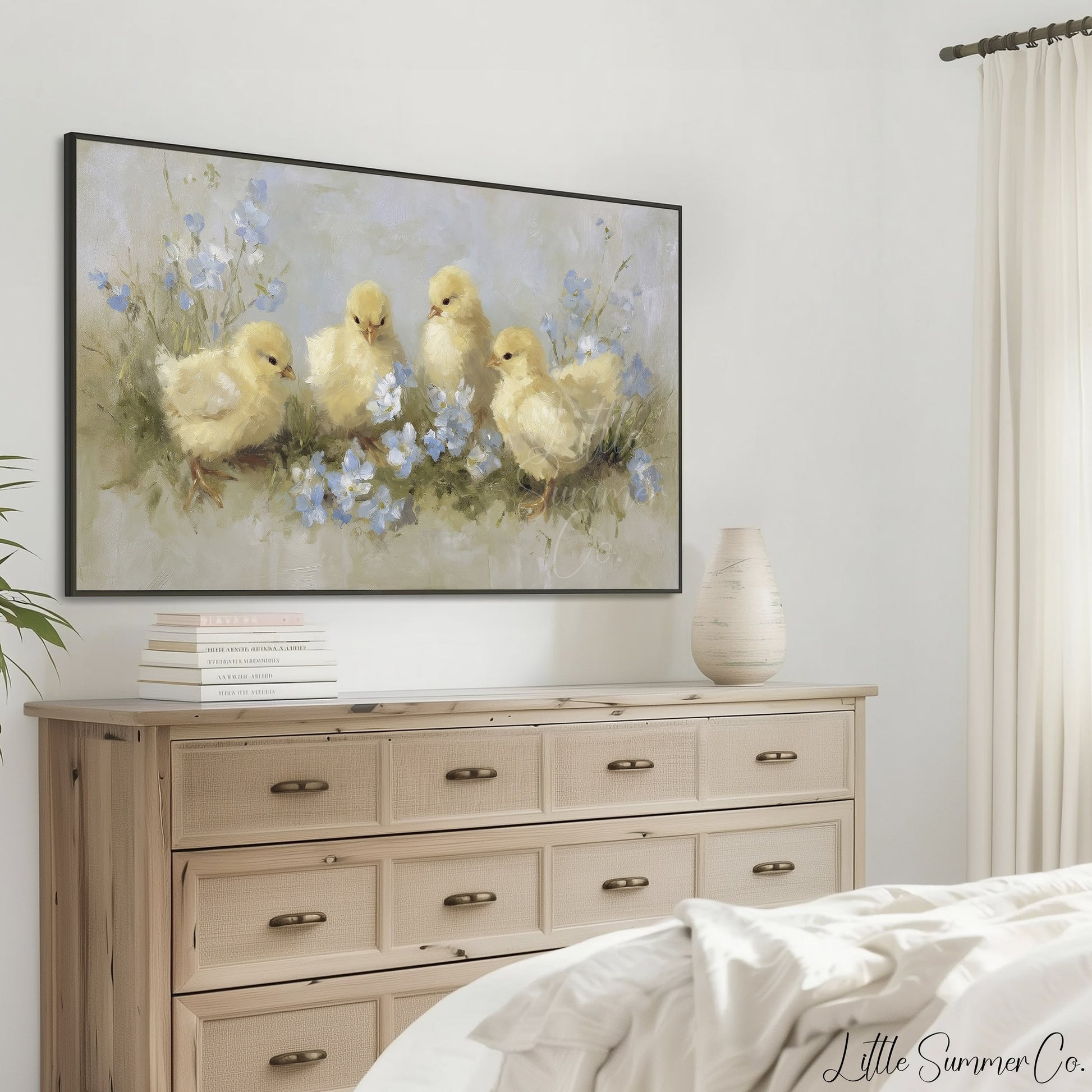 Baby Chicks Flowers Frame TV Art displayed on a TV