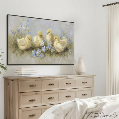 Baby Chicks Flowers Frame TV Art displayed on a TV