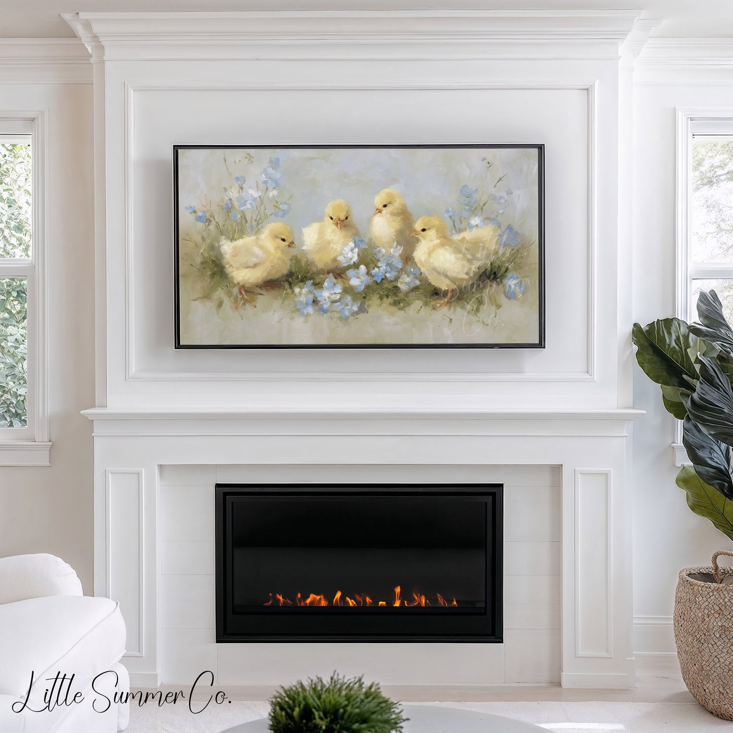Baby Chicks Flowers Frame TV Art displayed on a TV
