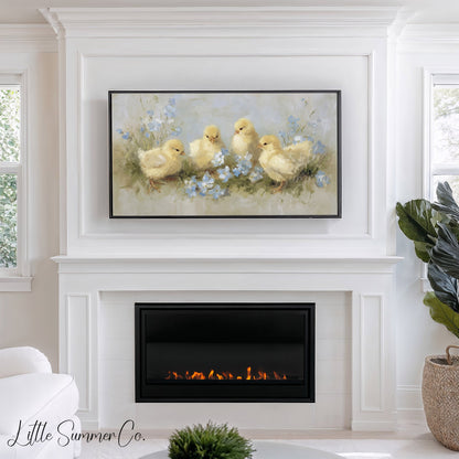 Baby Chicks Flowers Frame TV Art displayed on a TV