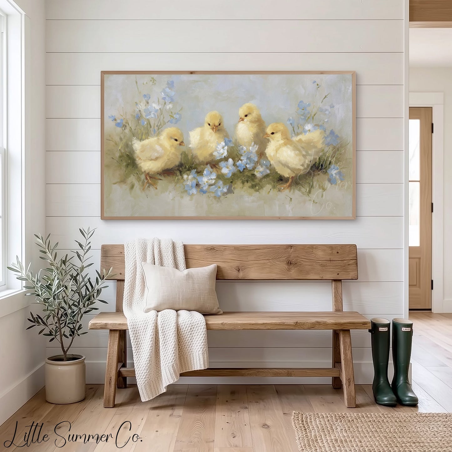 Baby Chicks Flowers Frame TV Art displayed on a TV