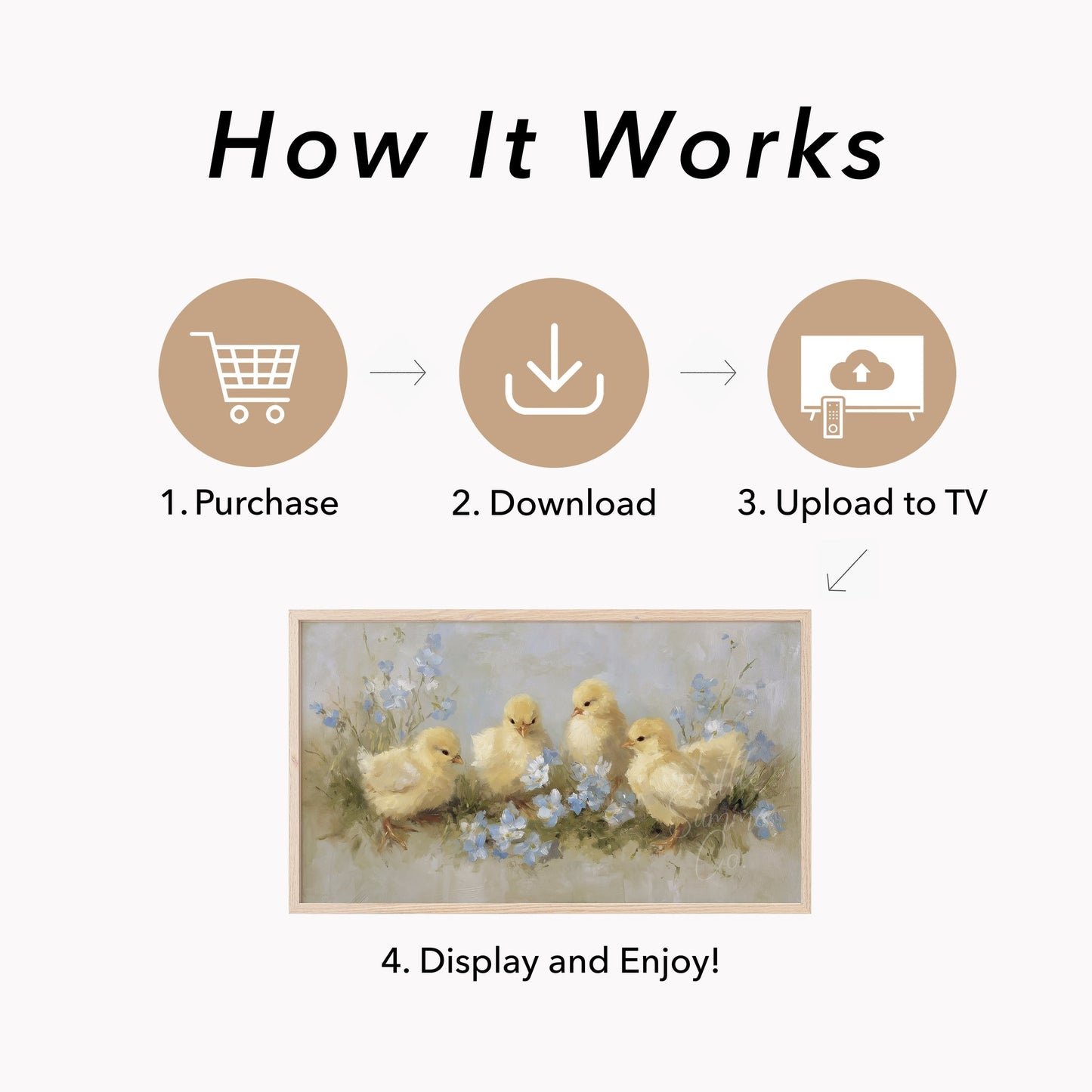Baby Chicks Flowers Frame TV Art displayed on a TV