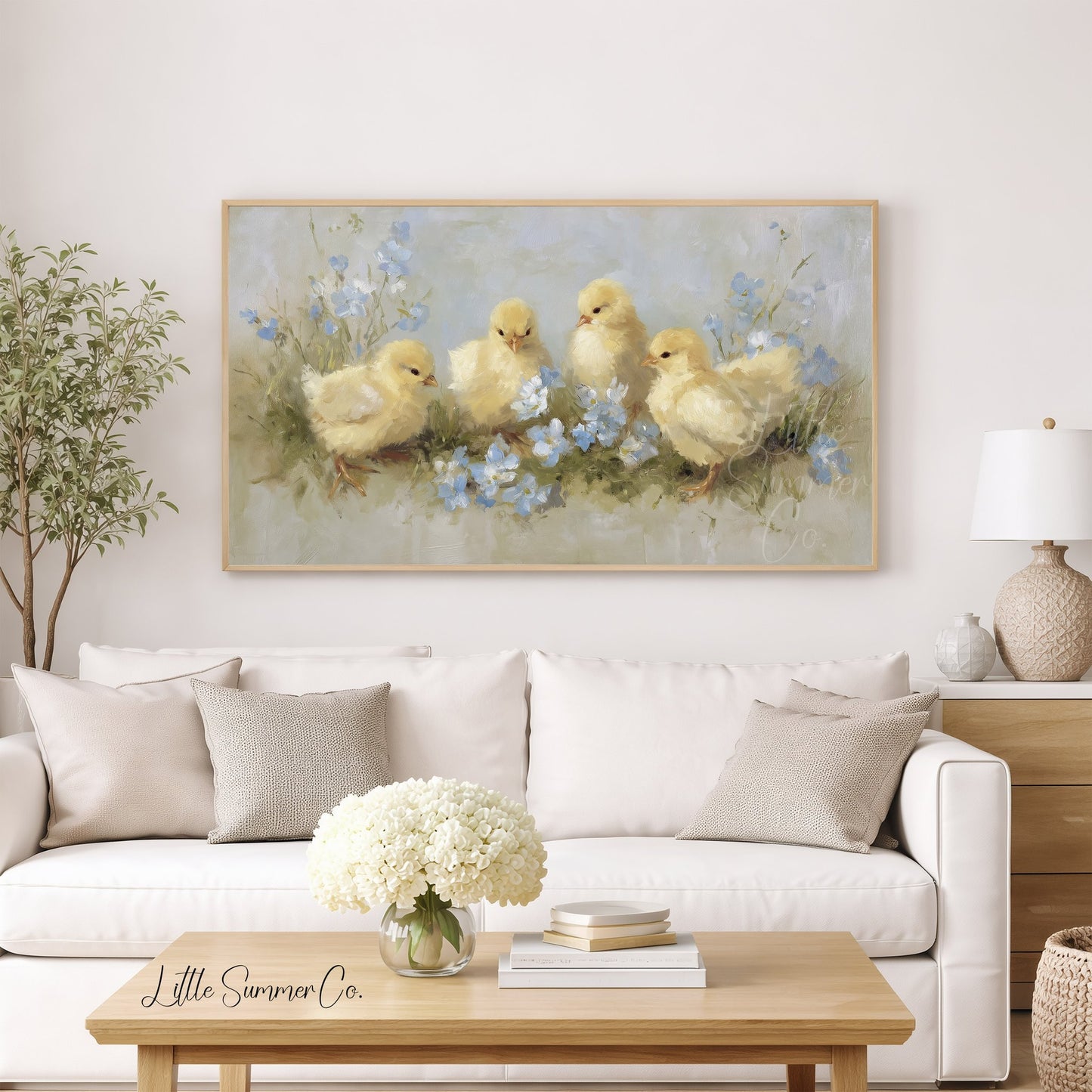 Baby Chicks Flowers Frame TV Art displayed on a TV