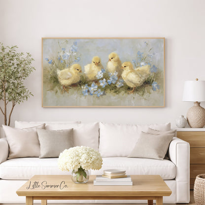Baby Chicks Flowers Frame TV Art displayed on a TV