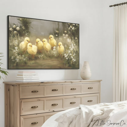 Easter Chicks Wildflower Meadow Frame TV Art displayed on a TV