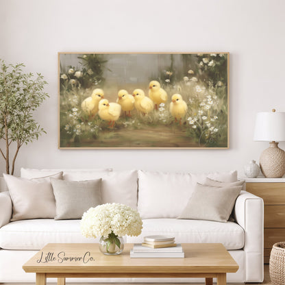 Easter Chicks Wildflower Meadow Frame TV Art displayed on a TV