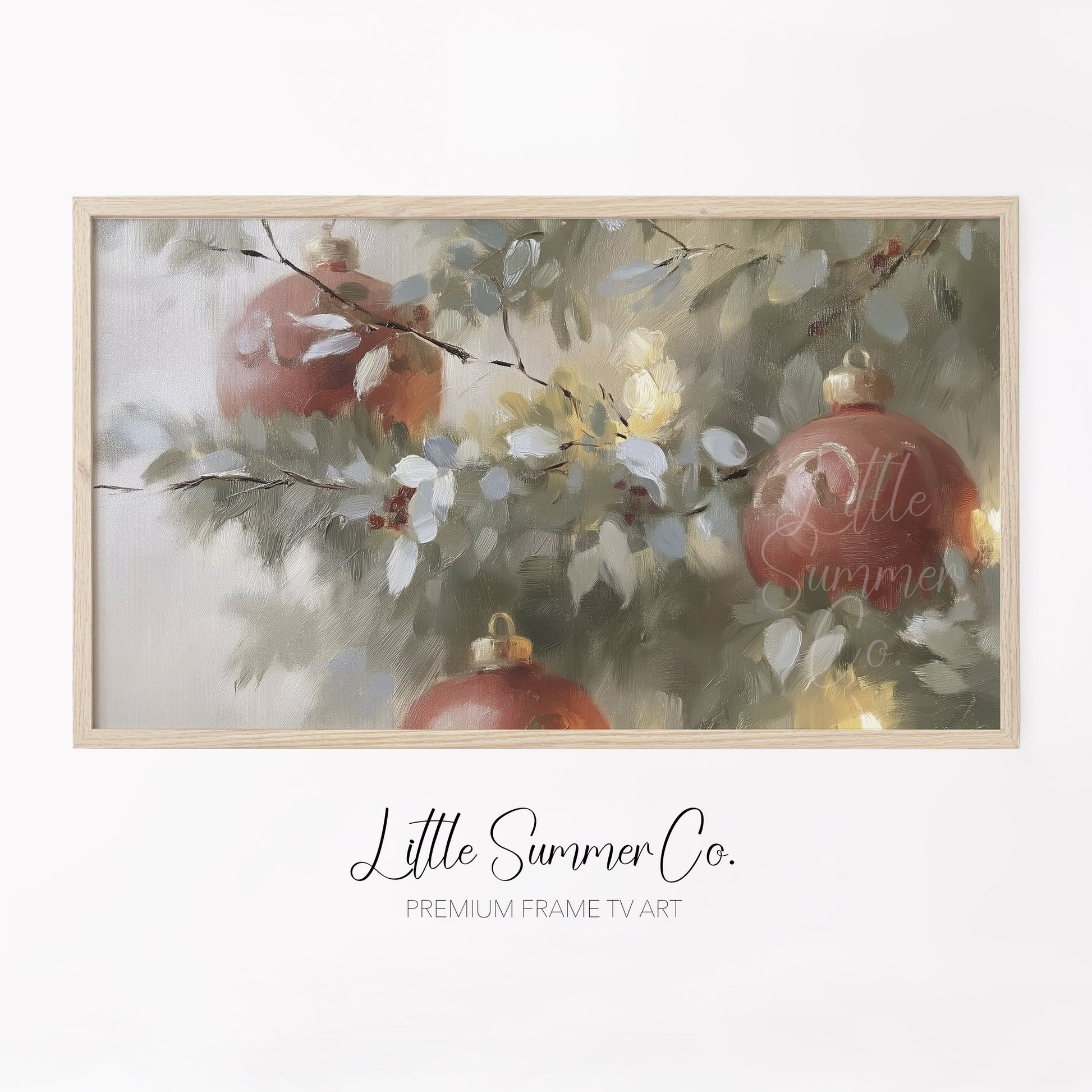 Red Ornaments Pine Branches Frame TV Art displayed on a TV