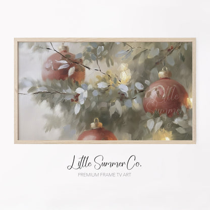 Red Ornaments Pine Branches Frame TV Art displayed on a TV