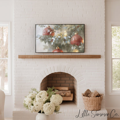 Red Ornaments Pine Branches Frame TV Art displayed on a TV