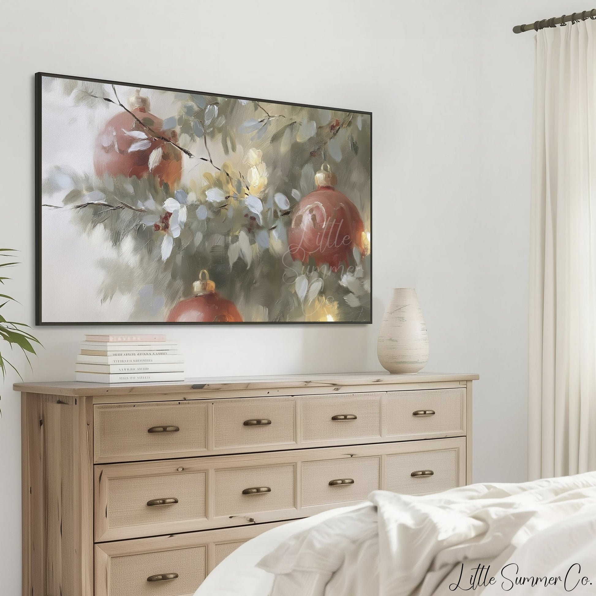 Red Ornaments Pine Branches Frame TV Art displayed on a TV
