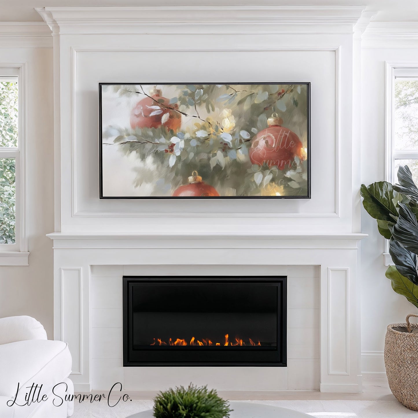 Red Ornaments Pine Branches Frame TV Art displayed on a TV