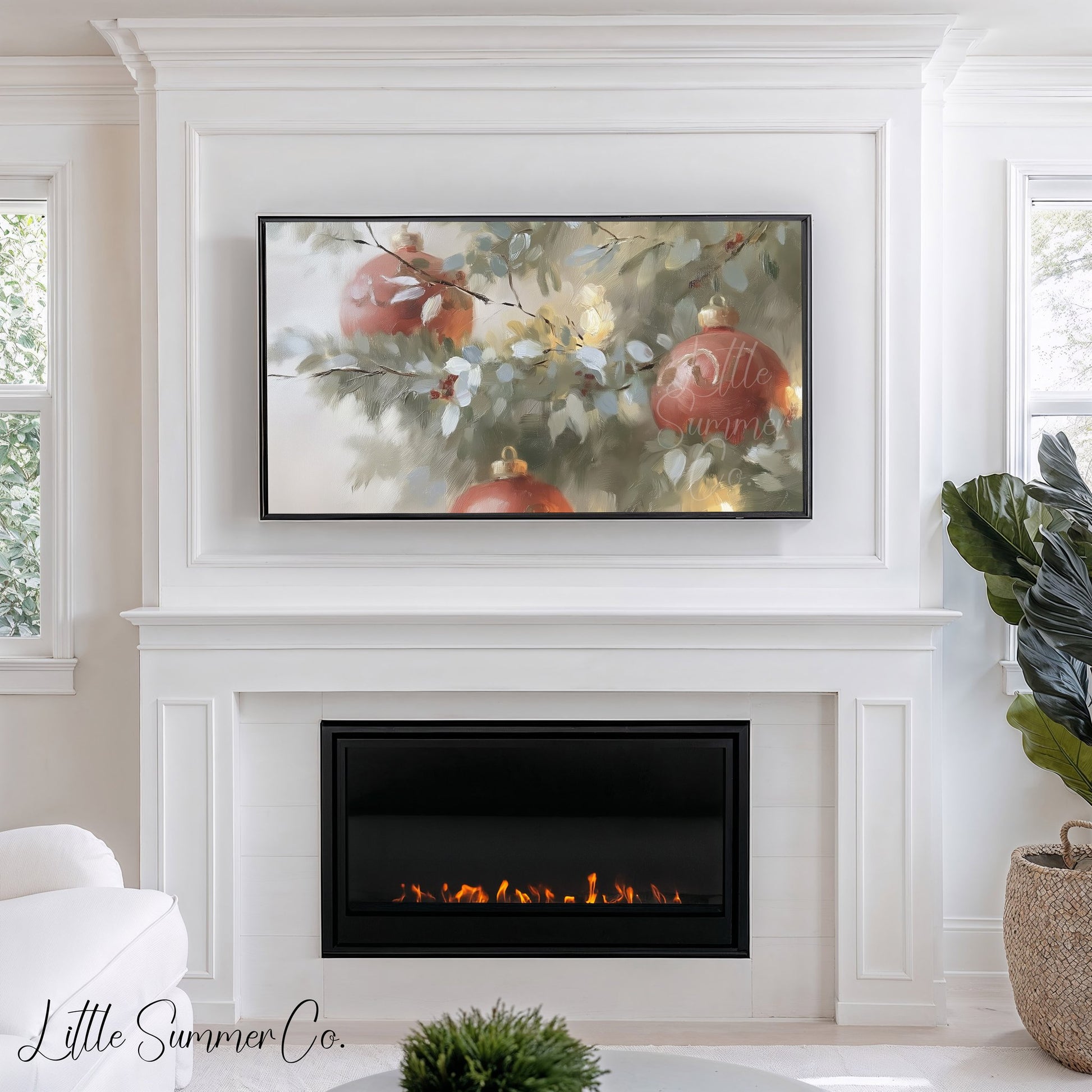 Red Ornaments Pine Branches Frame TV Art displayed on a TV