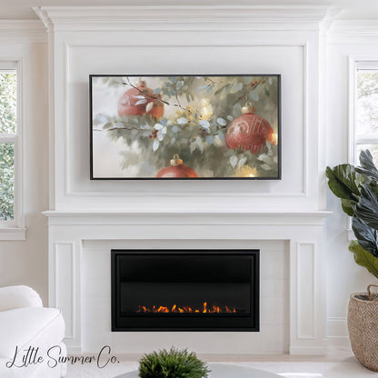 Red Ornaments Pine Branches Frame TV Art displayed on a TV