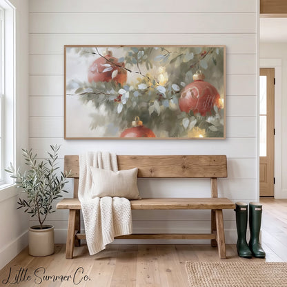 Red Ornaments Pine Branches Frame TV Art displayed on a TV