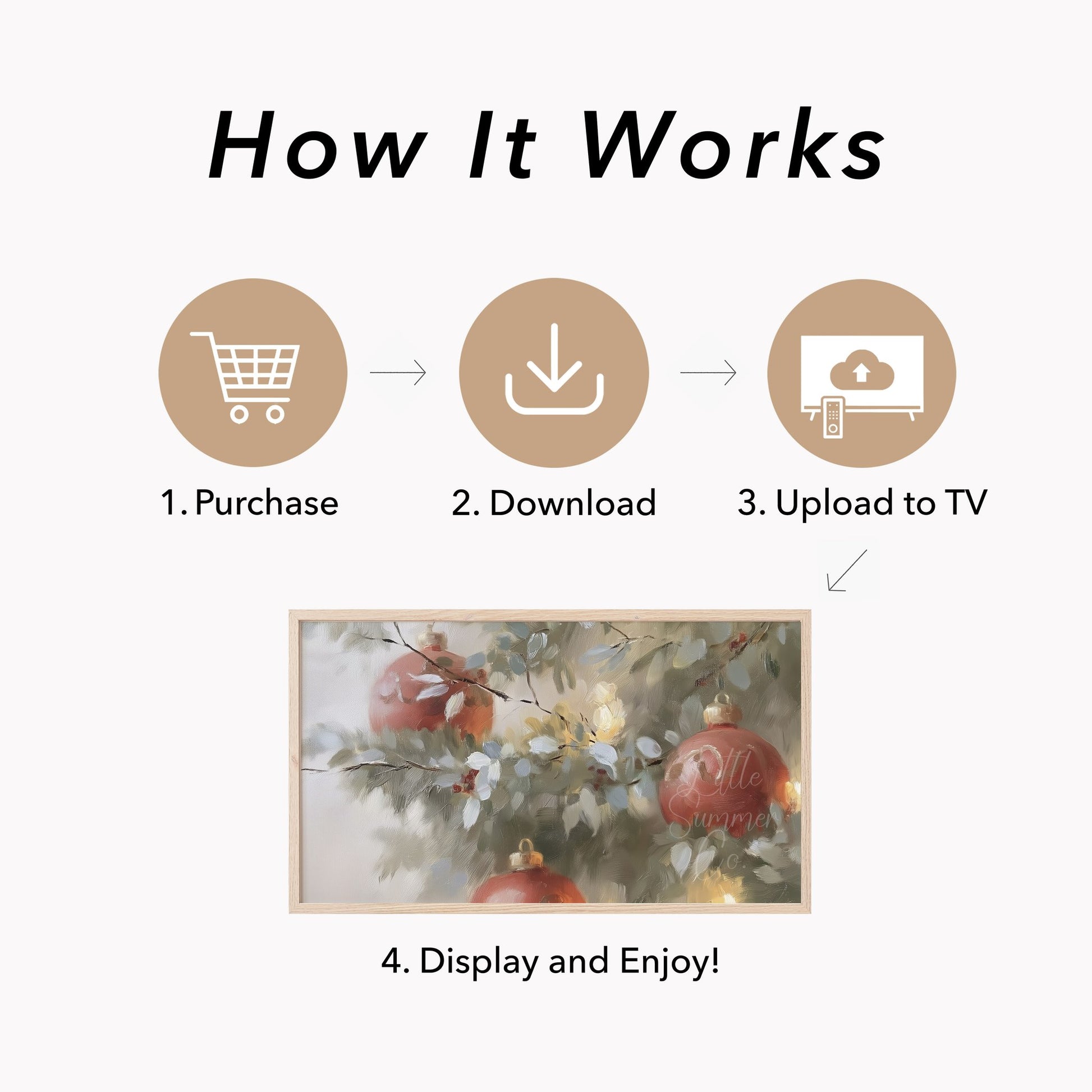 Red Ornaments Pine Branches Frame TV Art displayed on a TV
