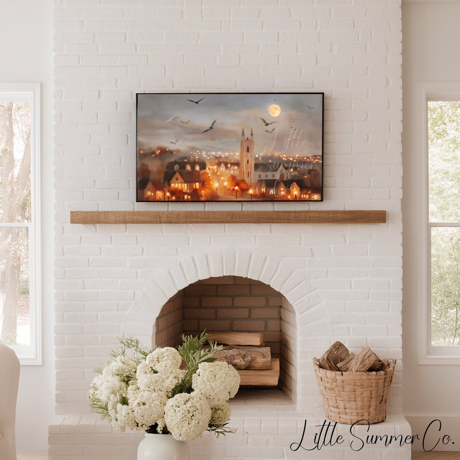 Moonlit Church Town Frame TV Art displayed on a TV