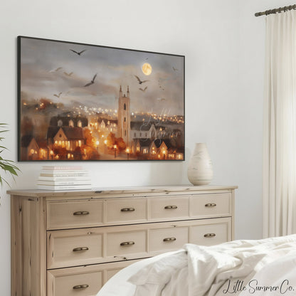 Moonlit Church Town Frame TV Art displayed on a TV