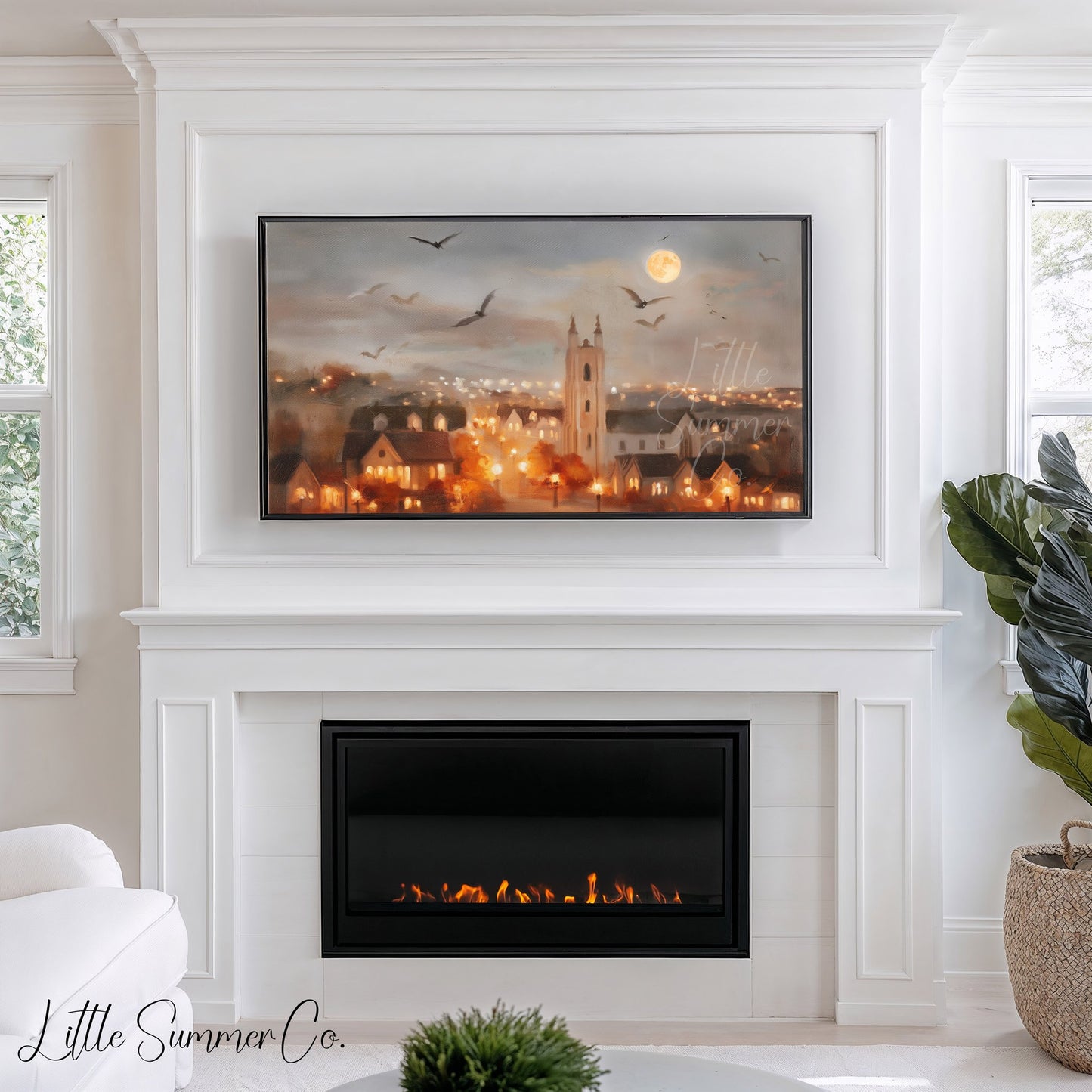 Moonlit Church Town Frame TV Art displayed on a TV