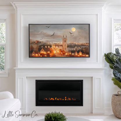 Moonlit Church Town Frame TV Art displayed on a TV