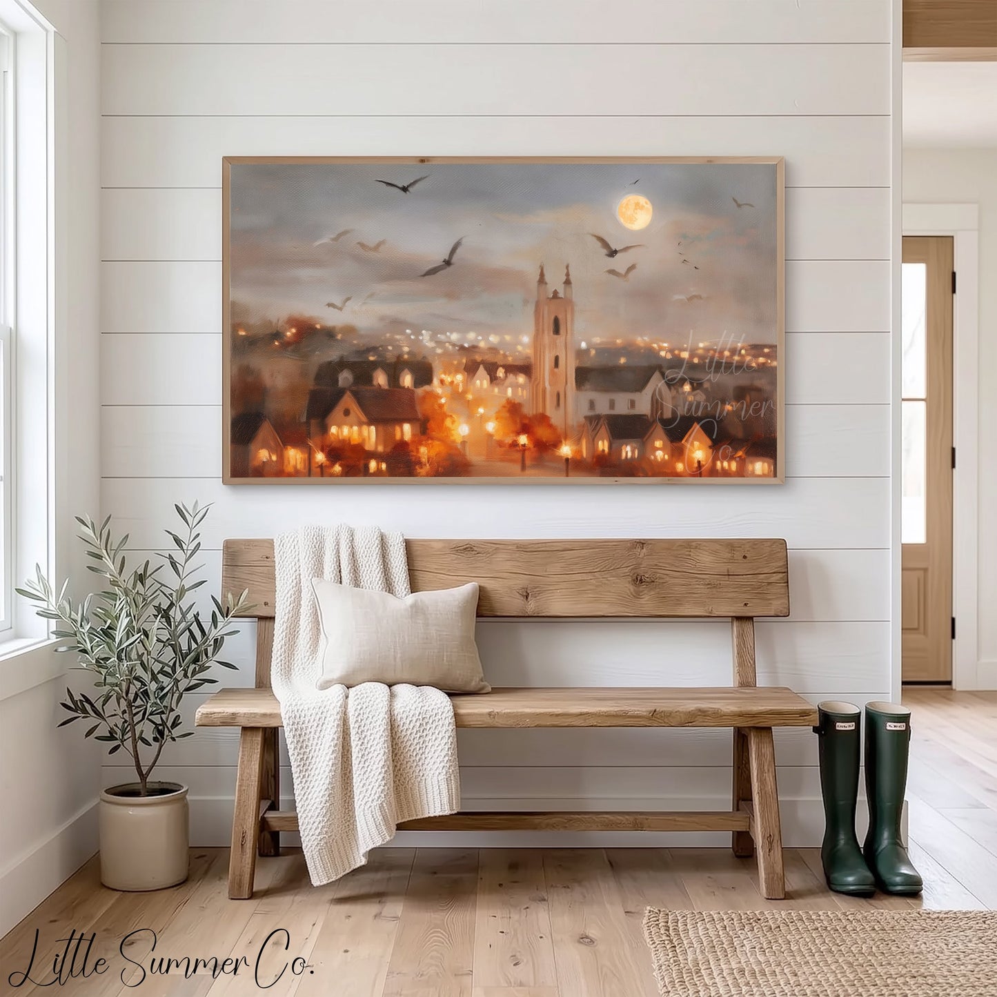 Moonlit Church Town Frame TV Art displayed on a TV
