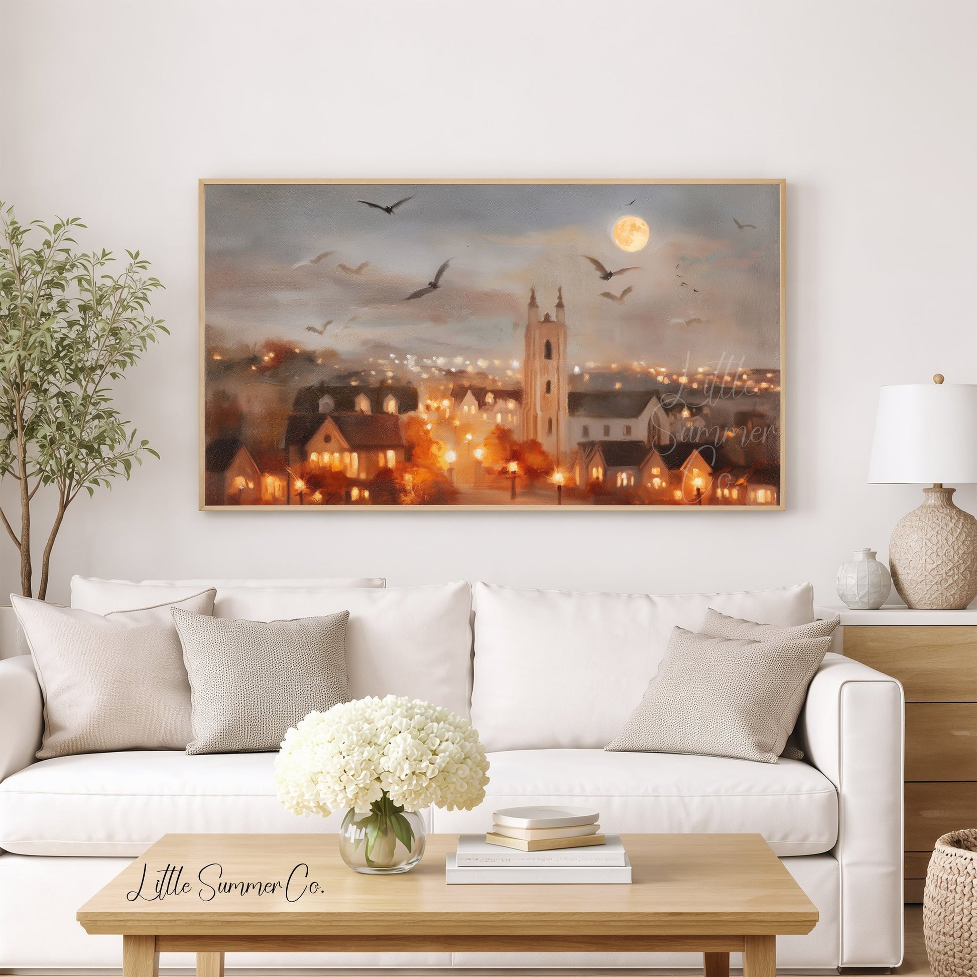 Moonlit Church Town Frame TV Art displayed on a TV