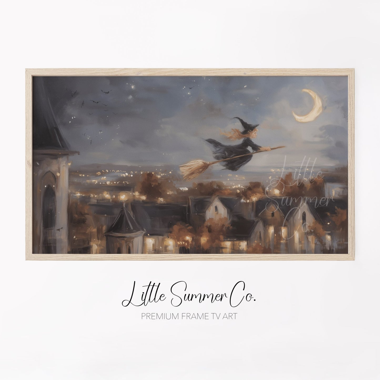 Witch Flying Moonlit Village Frame TV Art displayed on a TV