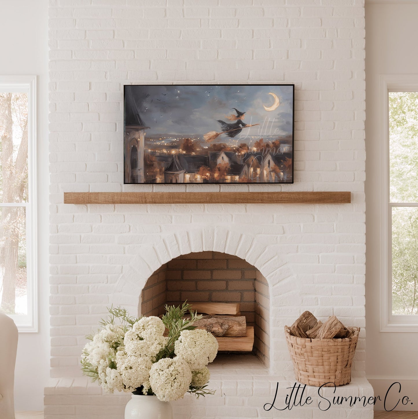 Witch Flying Moonlit Village Frame TV Art displayed on a TV