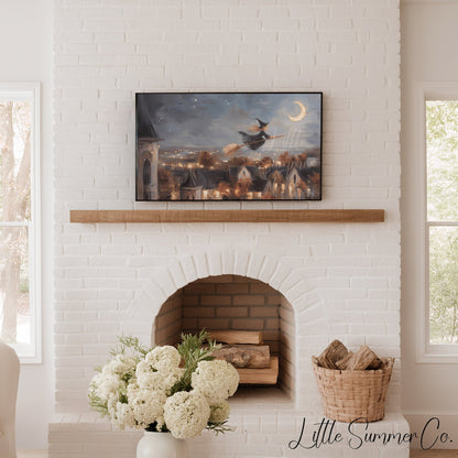 Witch Flying Moonlit Village Frame TV Art displayed on a TV
