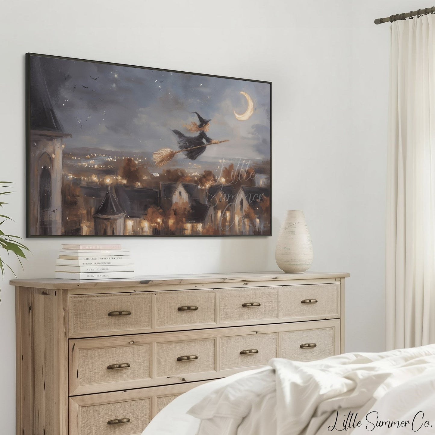 Witch Flying Moonlit Village Frame TV Art displayed on a TV