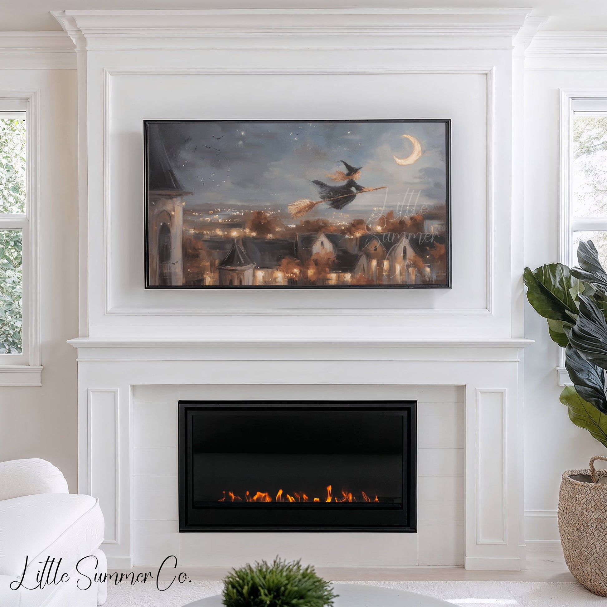 Witch Flying Moonlit Village Frame TV Art displayed on a TV