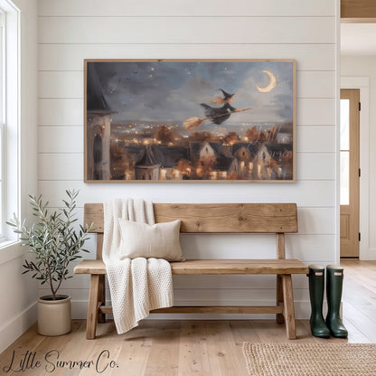 Witch Flying Moonlit Village Frame TV Art displayed on a TV