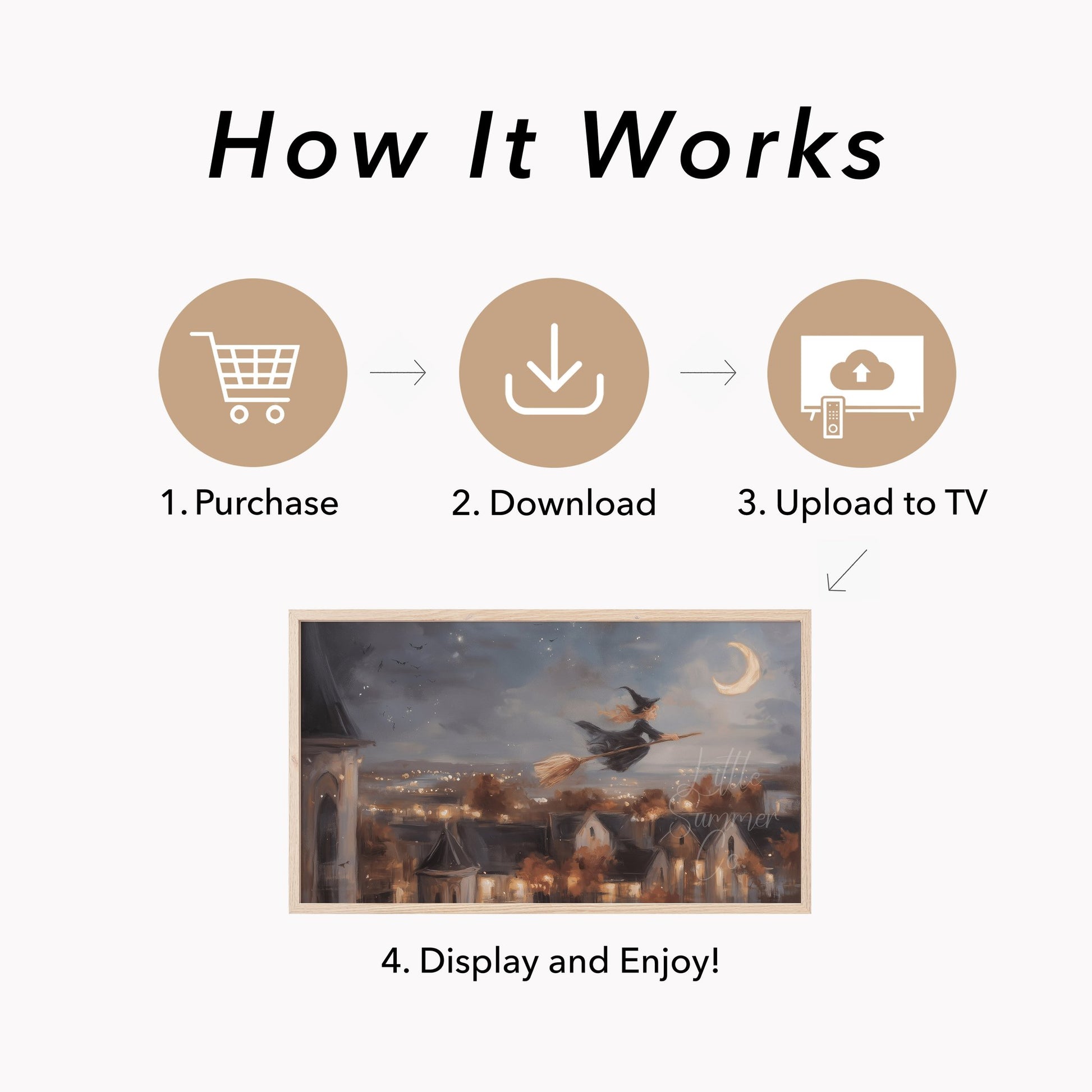 Witch Flying Moonlit Village Frame TV Art displayed on a TV