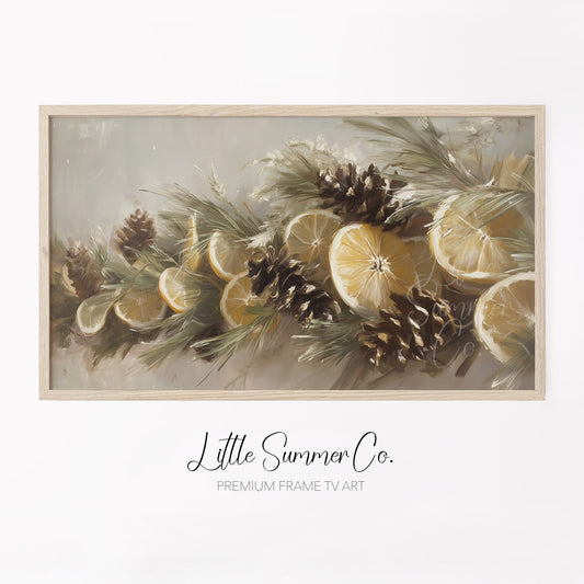 Lemon Pinecone Garland Frame TV Art displayed on a TV