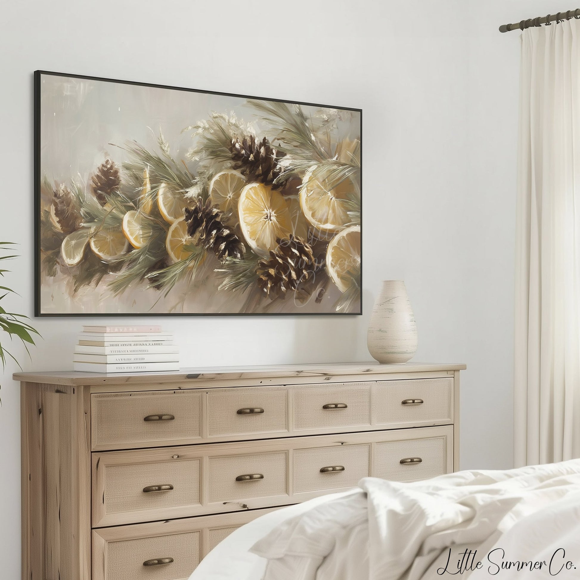 Lemon Pinecone Garland Frame TV Art displayed on a TV