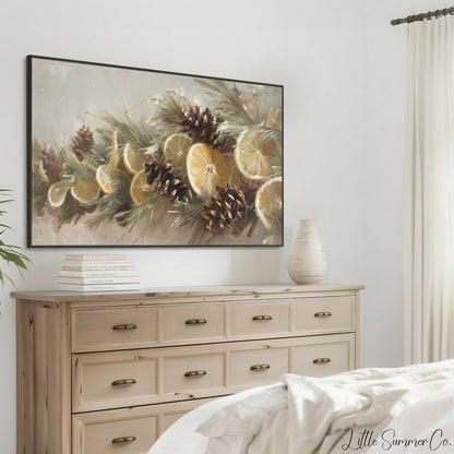 Lemon Pinecone Garland Frame TV Art displayed on a TV