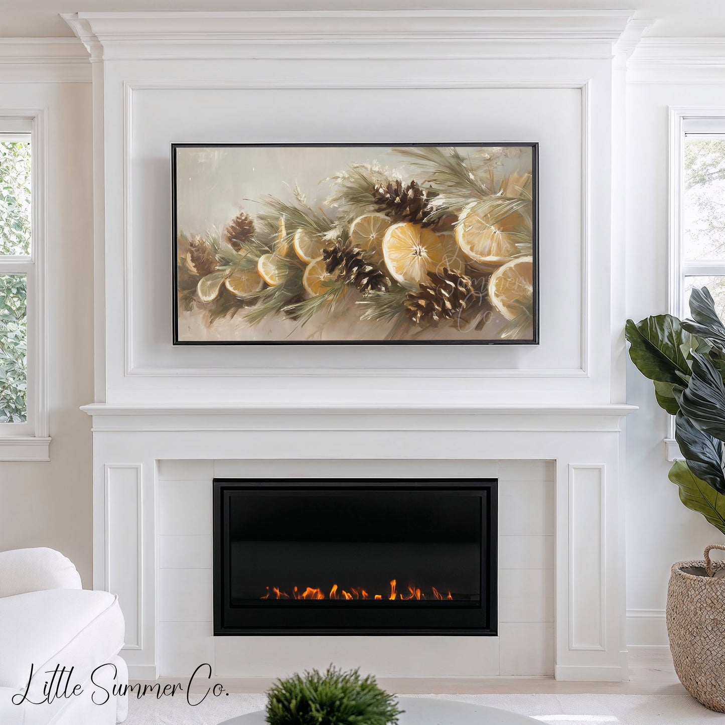 Lemon Pinecone Garland Frame TV Art displayed on a TV