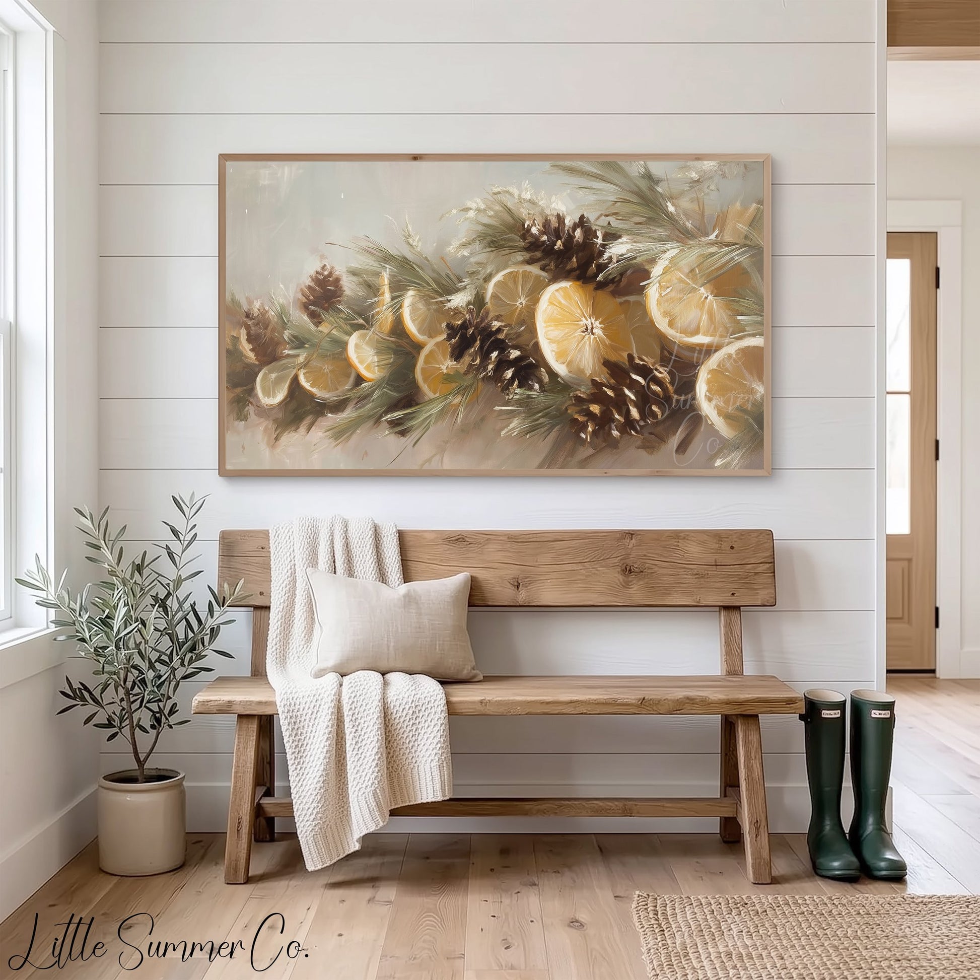 Lemon Pinecone Garland Frame TV Art displayed on a TV