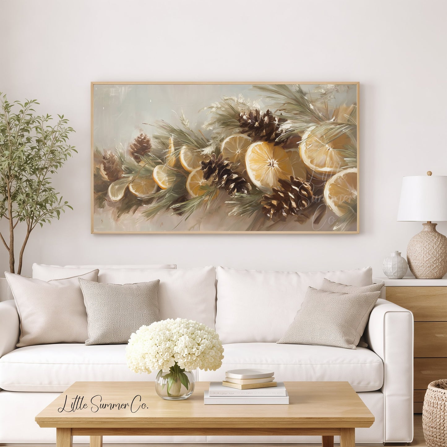 Lemon Pinecone Garland Frame TV Art displayed on a TV