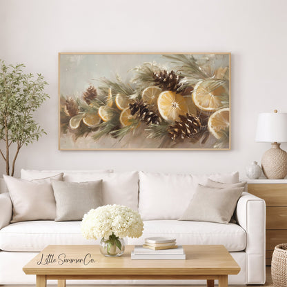 Lemon Pinecone Garland Frame TV Art displayed on a TV