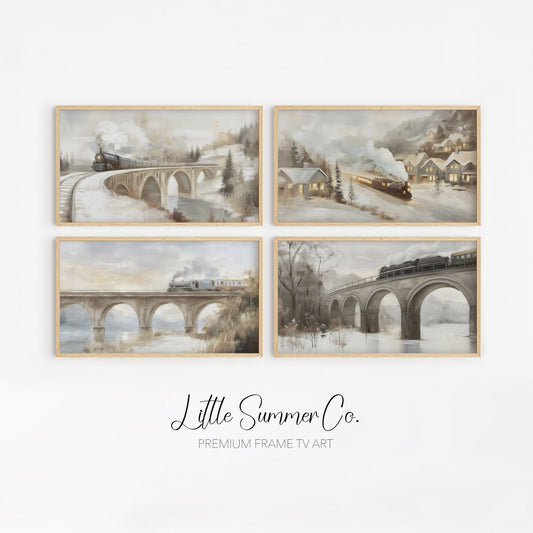 Snowy Steam Train Journeys Frame TV Art Bundle displayed on a TV