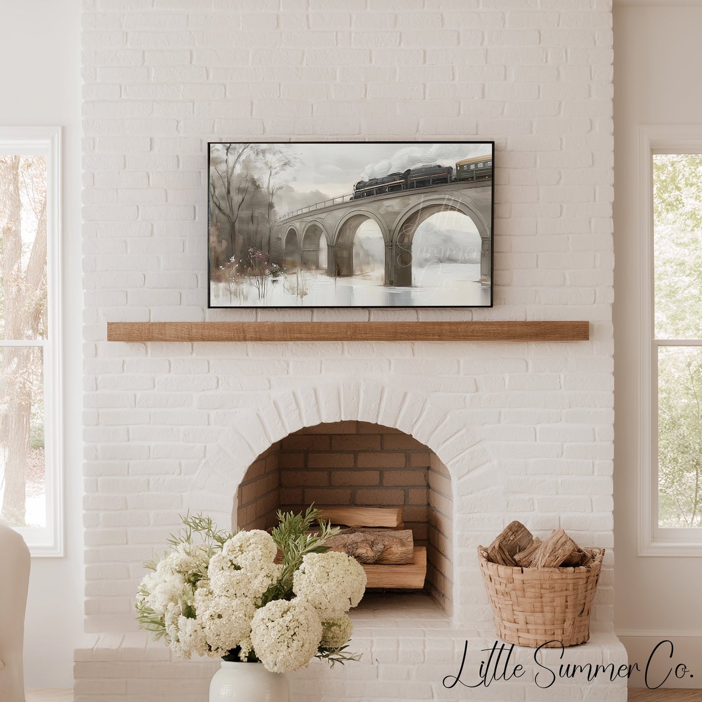 Snowy Steam Train Journeys Frame TV Art Bundle displayed on a TV