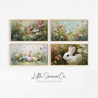 Floral Bunny Meadow Scenes Frame TV Art Bundle displayed on a TV