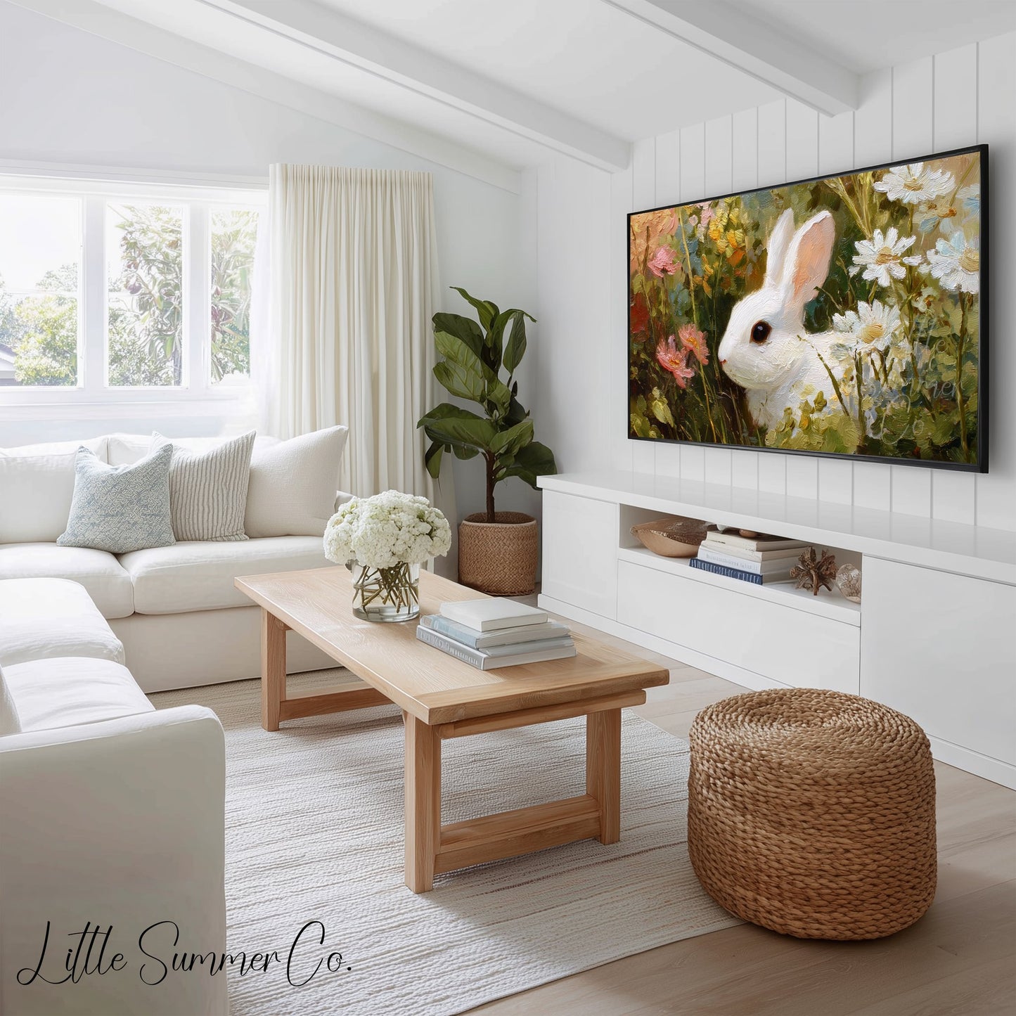 Floral Bunny Meadow Scenes Frame TV Art Bundle displayed on a TV