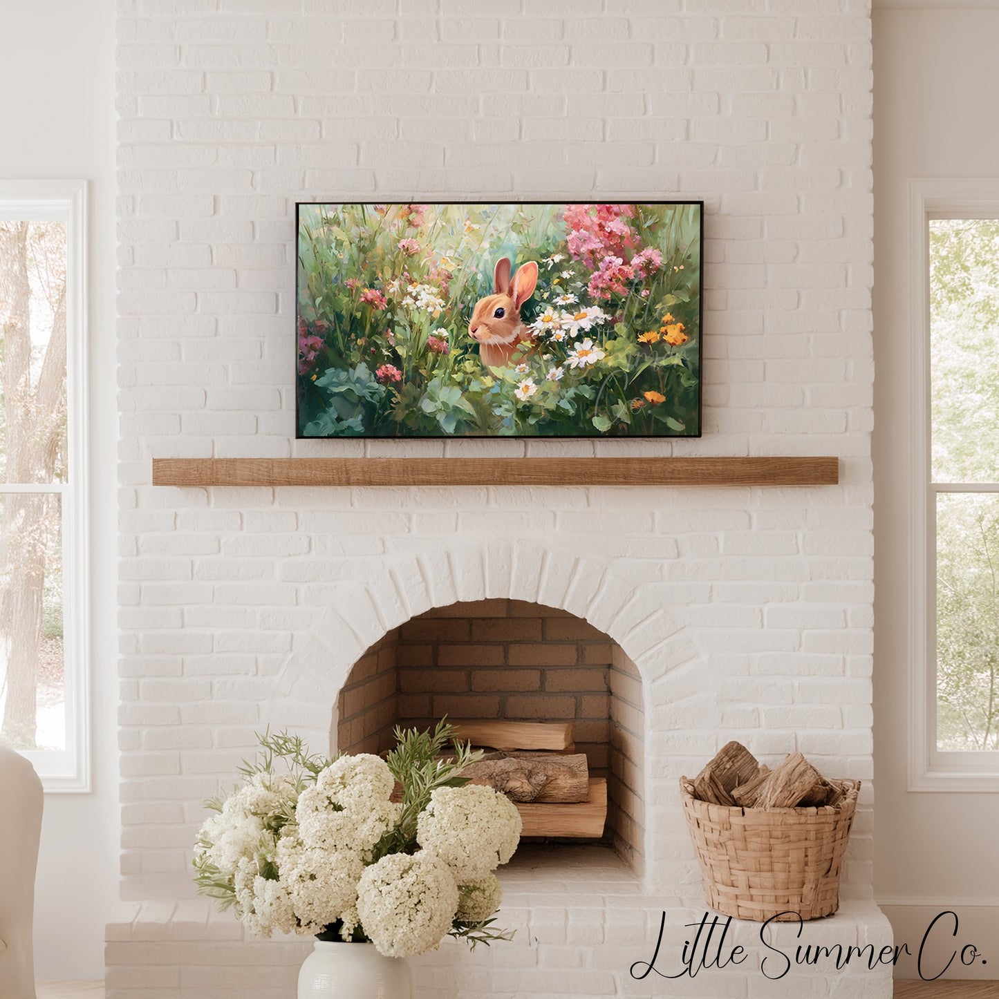 Floral Bunny Meadow Scenes Frame TV Art Bundle displayed on a TV