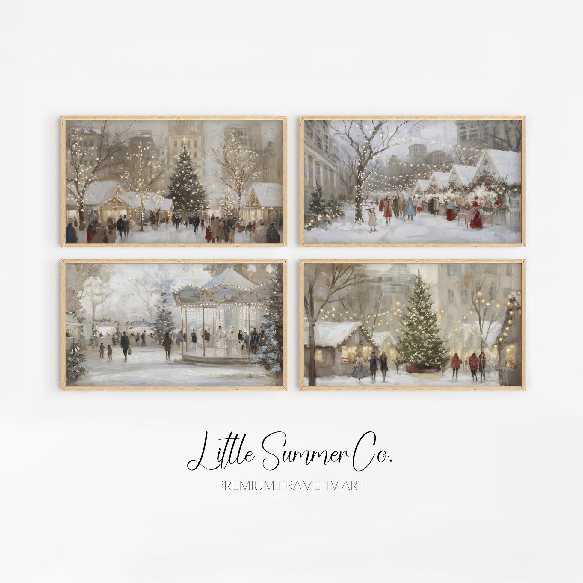 Snowy Holiday Market Scenes Frame TV Art Bundle displayed on a TV