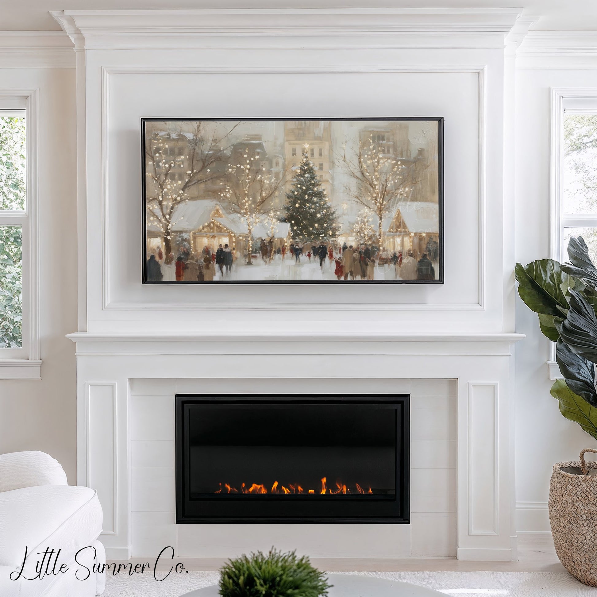 Snowy Holiday Market Scenes Frame TV Art Bundle displayed on a TV