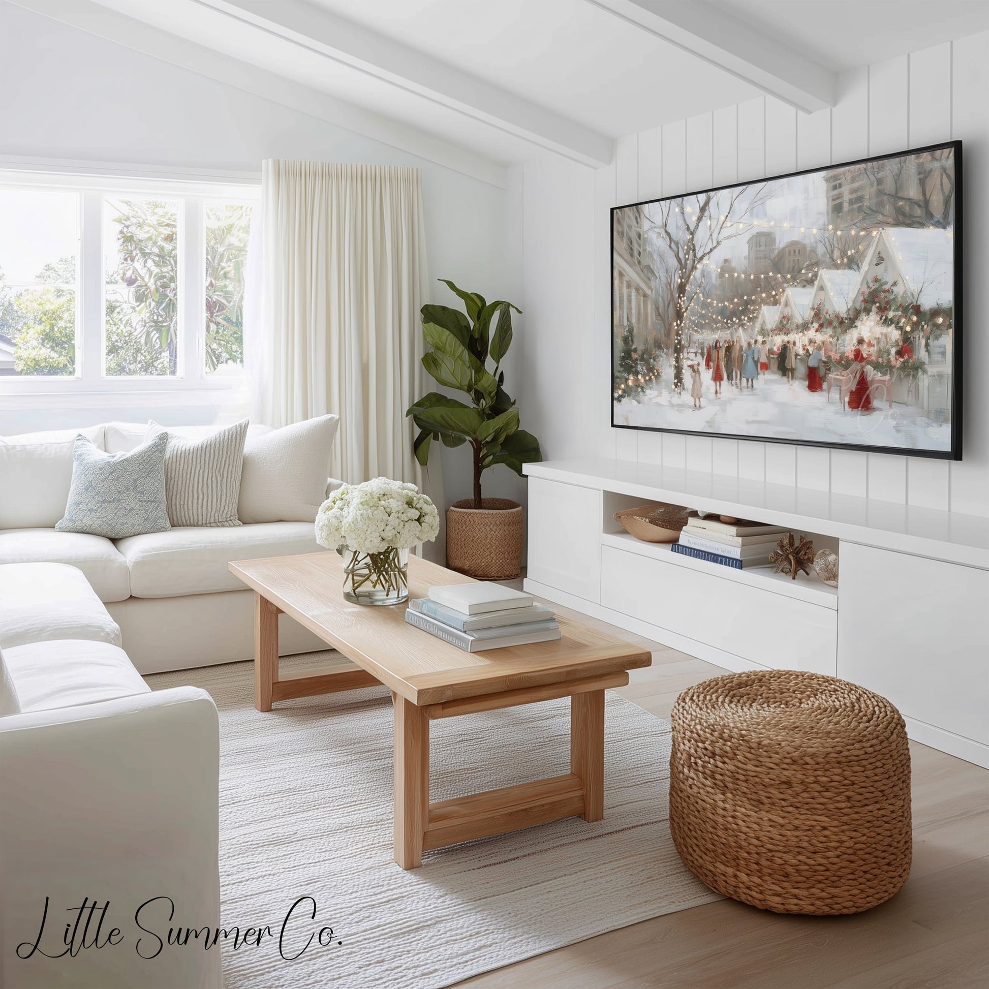 Snowy Holiday Market Scenes Frame TV Art Bundle displayed on a TV