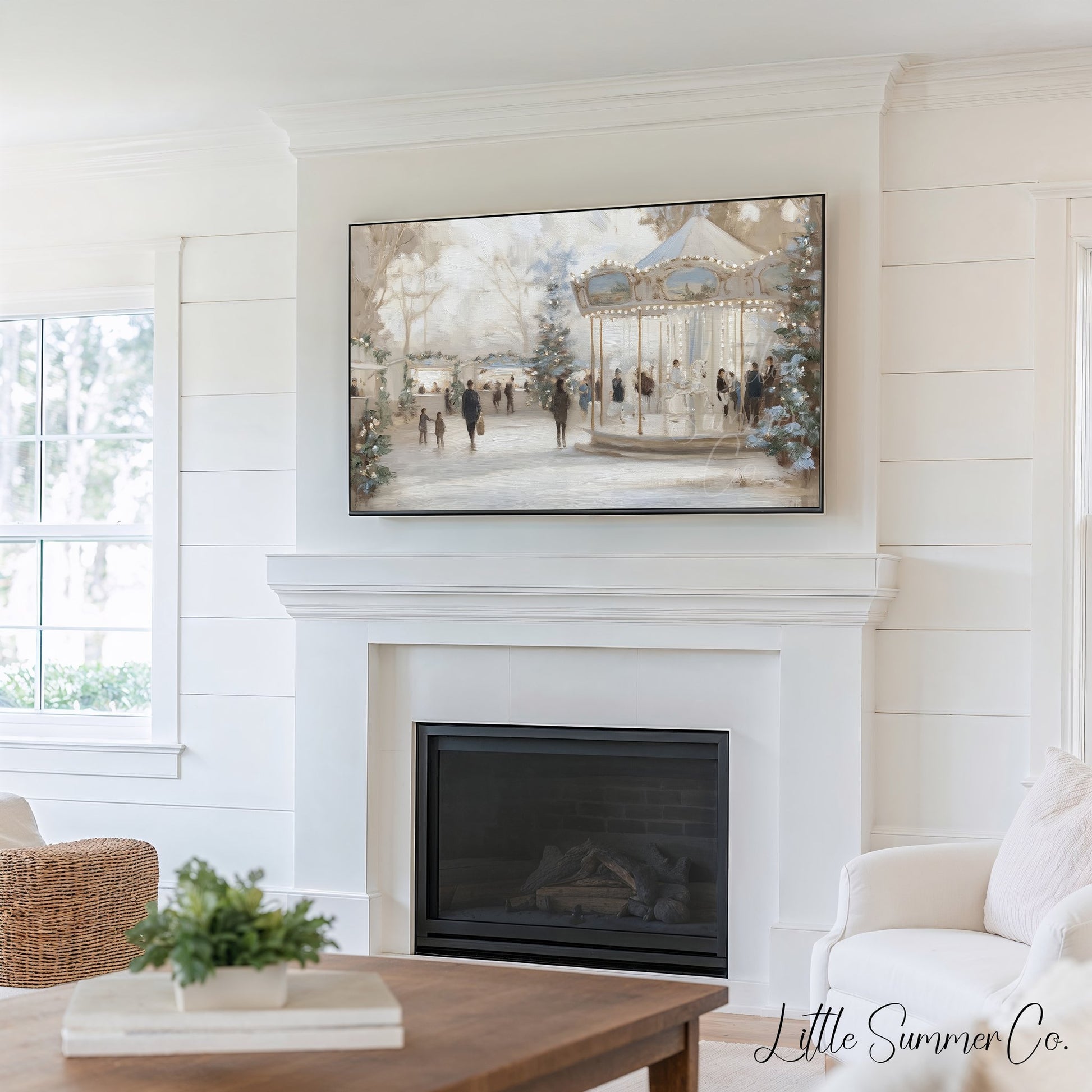 Snowy Holiday Market Scenes Frame TV Art Bundle displayed on a TV